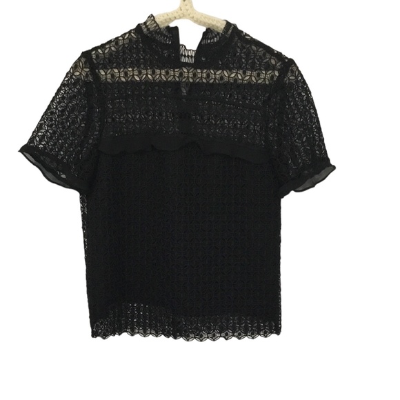 Zara women small black top with zip on back, crochet/mesh overlay. Pre owned - Picture 3 of 9